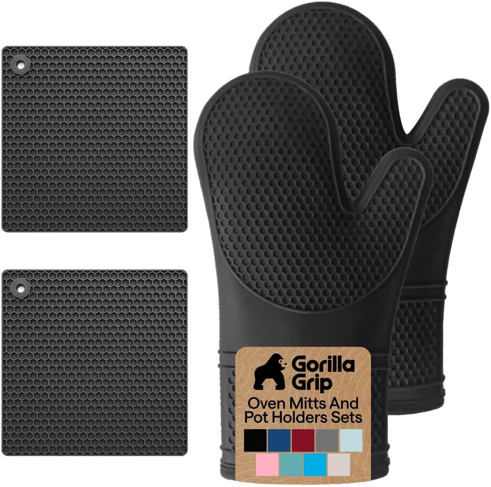 GORILLA GRIP BPA-Free Soft Silicone Oven Mitts, Heat Resistant and Waterproof Cooking Gloves, Thick Cotton Lining, Flexible Gripping for Baking Grilling, Kitchen Potholders Set of 2, 12.5x8.3, Mint