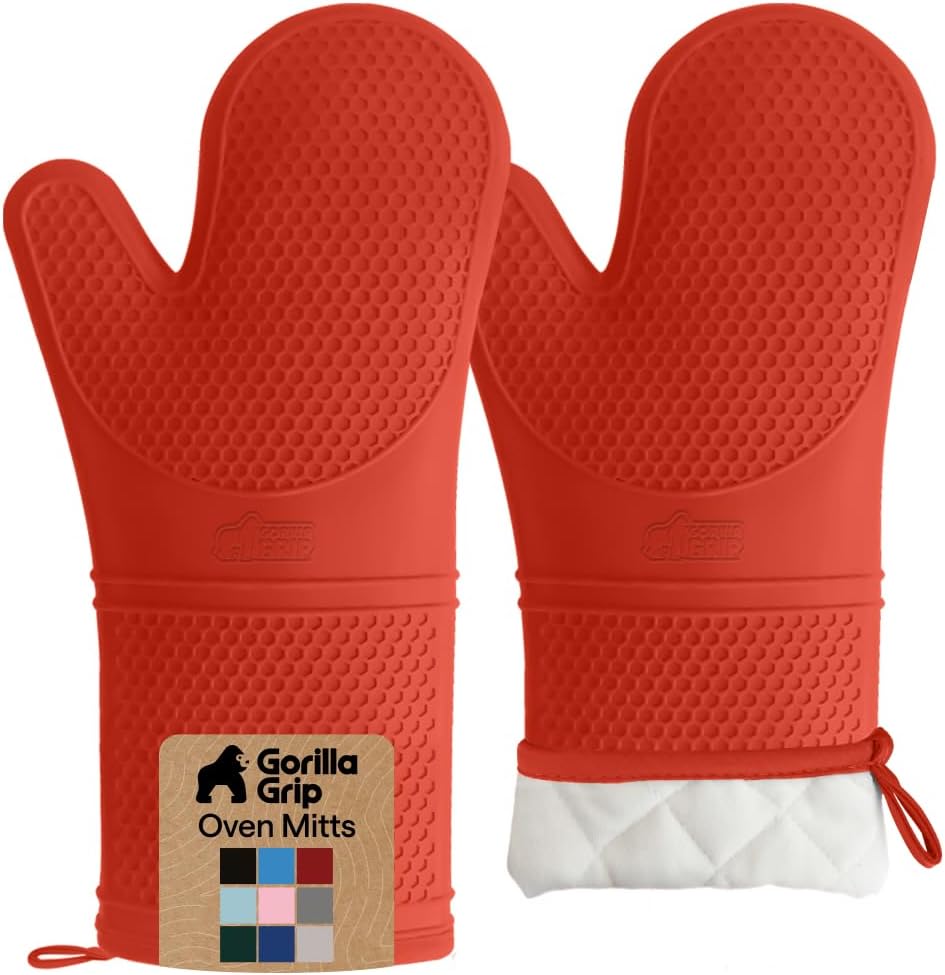 GORILLA GRIP BPA-Free Soft Silicone Oven Mitts, Heat Resistant and Waterproof Cooking Gloves, Thick Cotton Lining, Flexible Gripping for Baking Grilling, Kitchen Potholders Set of 2, 12.5x8.3, Mint