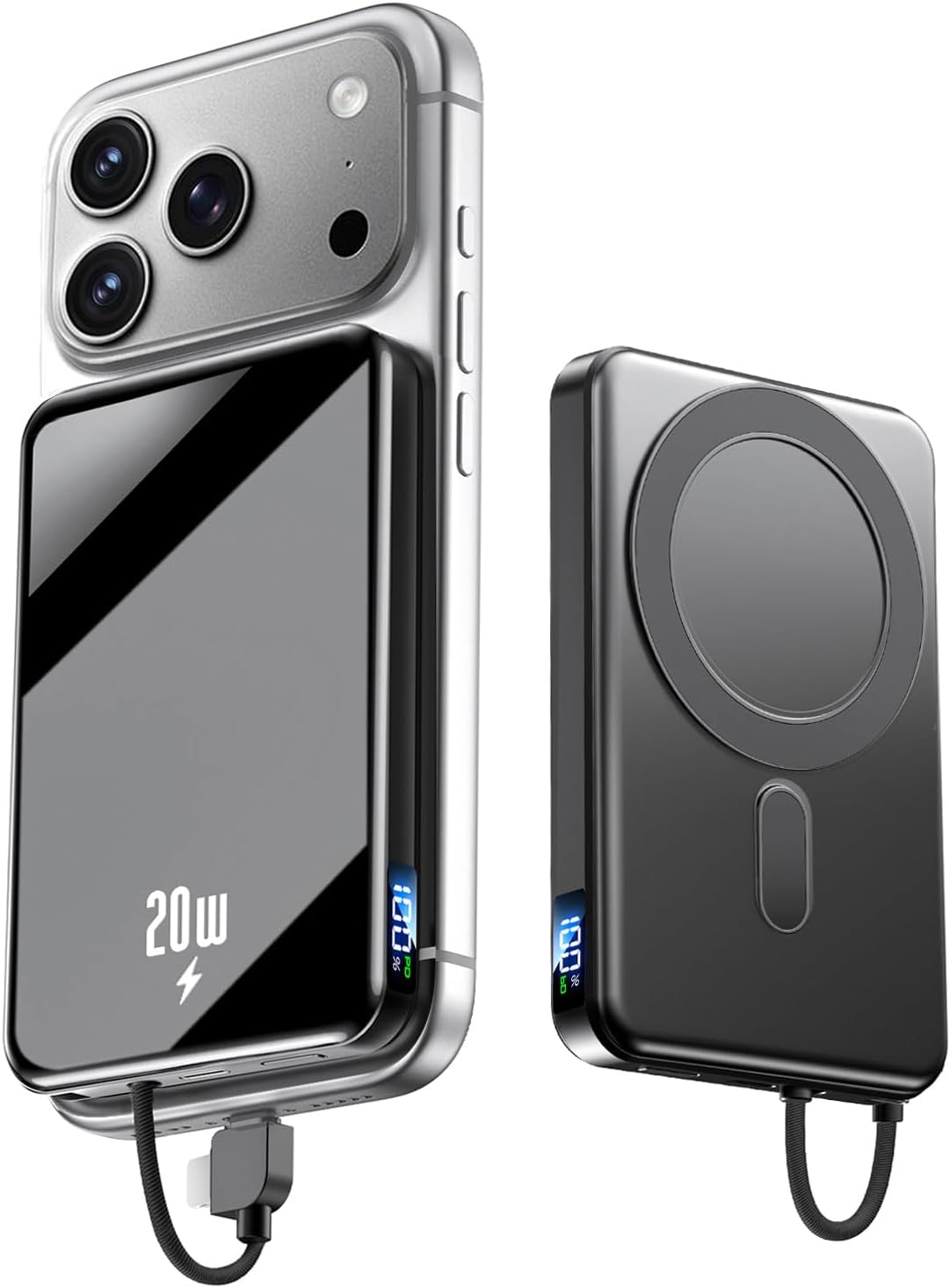 Portable Charger Power Bank, 10000mAh Phone Charger with Built-in Cable, 20W PD Fast Charging, Slim Battery Pack with LED Display, Travel Essential for iPhone 17/16/15/14 All Series, Black