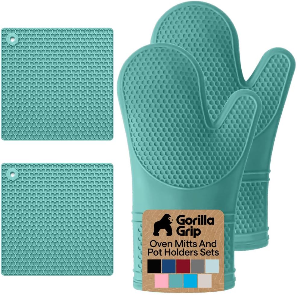 GORILLA GRIP BPA-Free Soft Silicone Oven Mitts, Heat Resistant and Waterproof Cooking Gloves, Thick Cotton Lining, Flexible Gripping for Baking Grilling, Kitchen Potholders Set of 2, 12.5x8.3, Mint