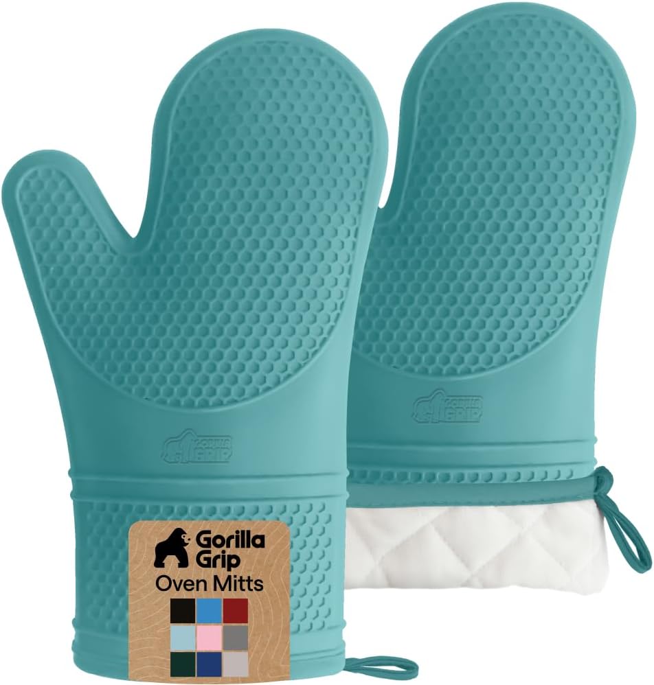 GORILLA GRIP BPA-Free Soft Silicone Oven Mitts, Heat Resistant and Waterproof Cooking Gloves, Thick Cotton Lining, Flexible Gripping for Baking Grilling, Kitchen Potholders Set of 2, 12.5x8.3, Mint