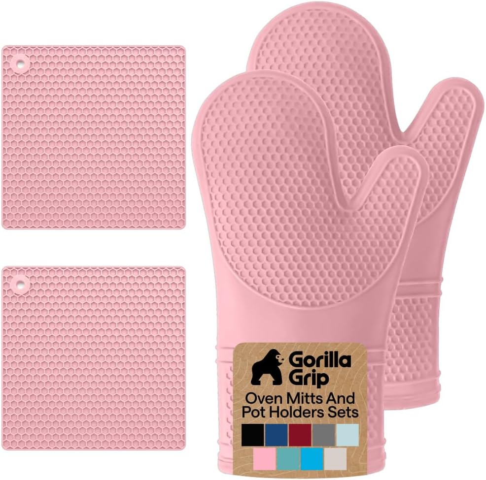 GORILLA GRIP BPA-Free Soft Silicone Oven Mitts, Heat Resistant and Waterproof Cooking Gloves, Thick Cotton Lining, Flexible Gripping for Baking Grilling, Kitchen Potholders Set of 2, 12.5x8.3, Mint