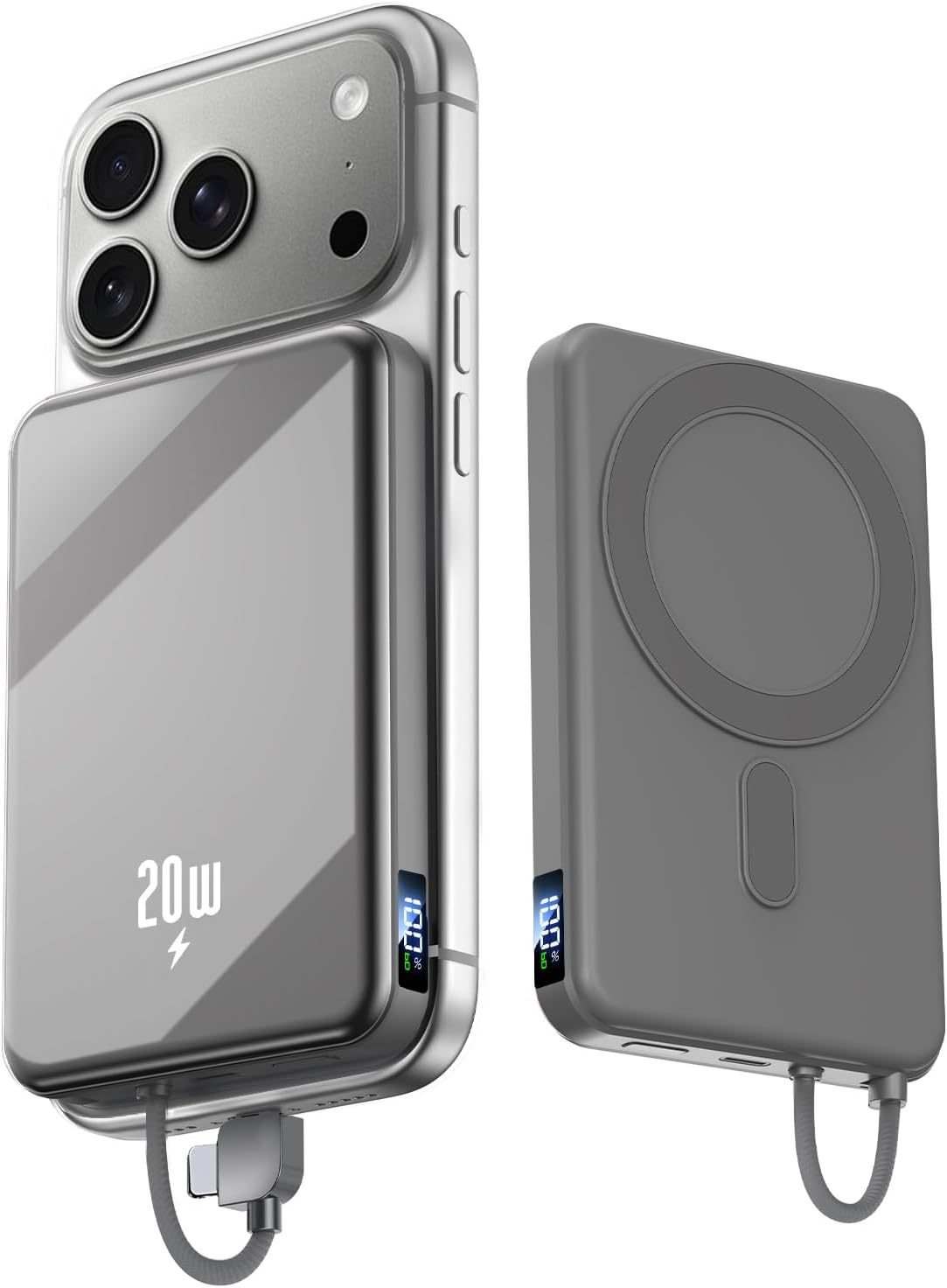 Portable Charger Power Bank, 10000mAh Phone Charger with Built-in Cable, 20W PD Fast Charging, Slim Battery Pack with LED Display, Travel Essential for iPhone 17/16/15/14 All Series, Black