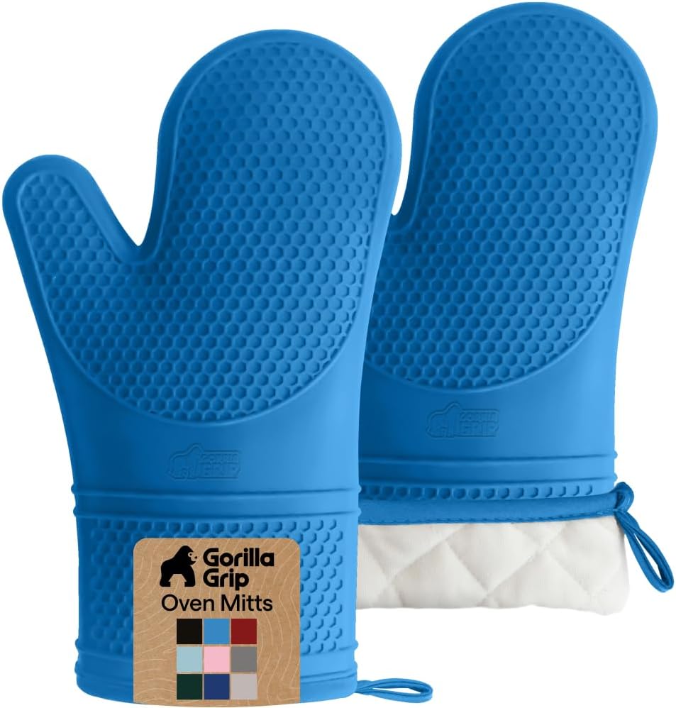 GORILLA GRIP BPA-Free Soft Silicone Oven Mitts, Heat Resistant and Waterproof Cooking Gloves, Thick Cotton Lining, Flexible Gripping for Baking Grilling, Kitchen Potholders Set of 2, 12.5x8.3, Mint