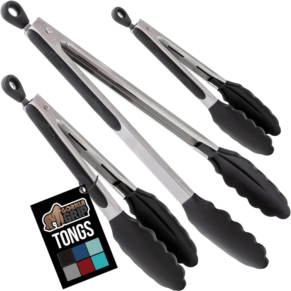 GORILLA GRIP Stainless Steel Heat Resistant Kitchen Tongs for Cooking, 12 + 14 Inch Set of 2 BBQ Tong, Non Scratch Silicone Tip for Pan, Strong Grip, Grab Food, Toss Salad, Air Fryer, Pull Lock, Black