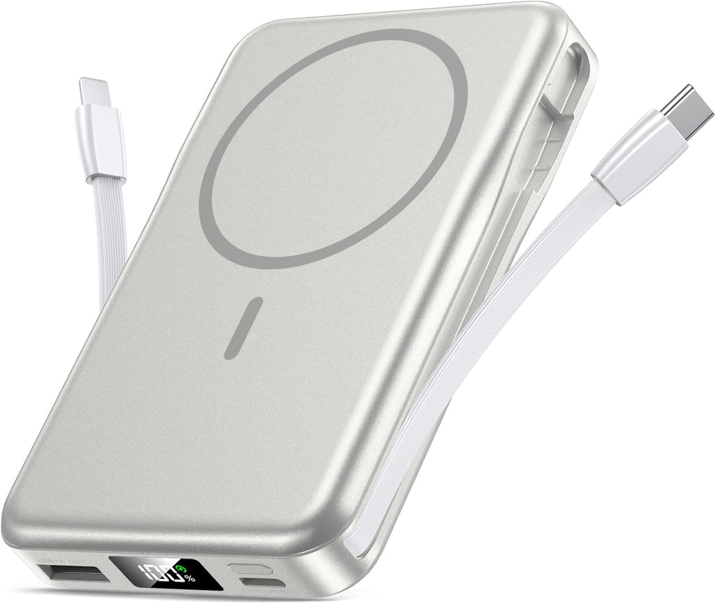 Magnetic Portable Charger, 10000mAh Power Bank, 5 in 1 Portable Charger with Built in Cable, 20W Fast Charging for Magsafe Battery Pack Compatible with iPhone 17/16/15/14/13/12 Pro/Pro Max-Black