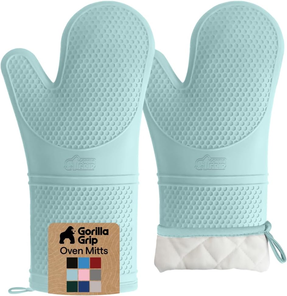 GORILLA GRIP BPA-Free Soft Silicone Oven Mitts, Heat Resistant and Waterproof Cooking Gloves, Thick Cotton Lining, Flexible Gripping for Baking Grilling, Kitchen Potholders Set of 2, 12.5x8.3, Mint