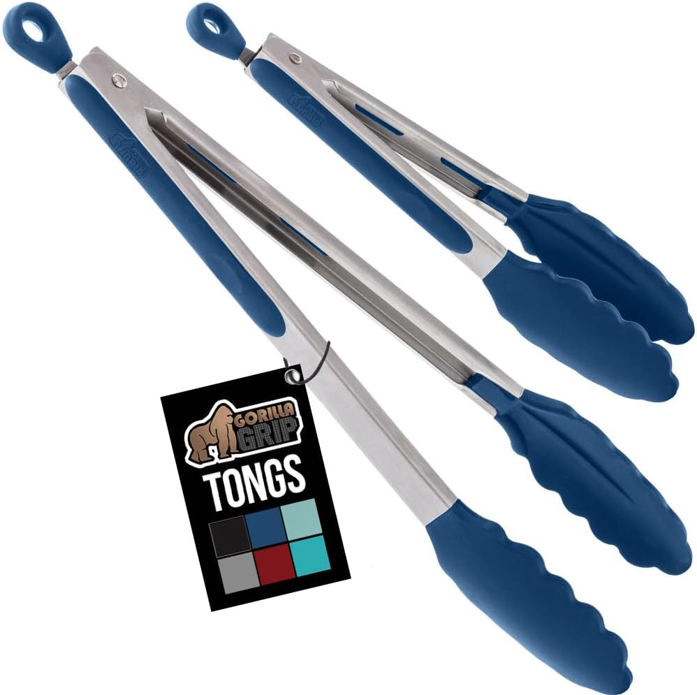 GORILLA GRIP Stainless Steel Heat Resistant Kitchen Tongs for Cooking, 12 + 14 Inch Set of 2 BBQ Tong, Non Scratch Silicone Tip for Pan, Strong Grip, Grab Food, Toss Salad, Air Fryer, Pull Lock, Black