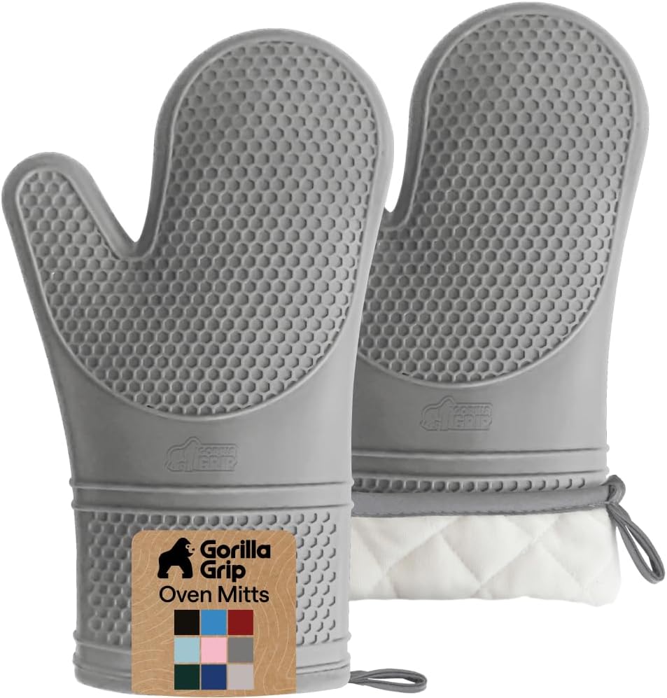 GORILLA GRIP BPA-Free Soft Silicone Oven Mitts, Heat Resistant and Waterproof Cooking Gloves, Thick Cotton Lining, Flexible Gripping for Baking Grilling, Kitchen Potholders Set of 2, 12.5x8.3, Mint