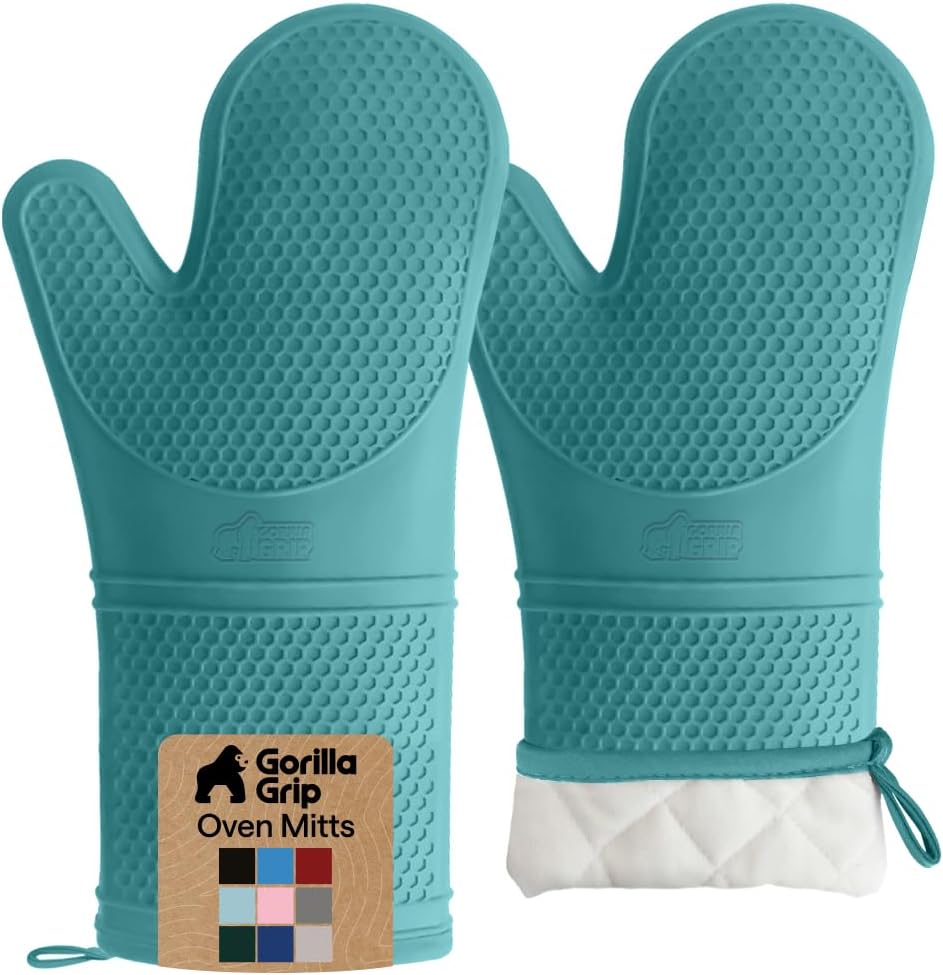 GORILLA GRIP BPA-Free Soft Silicone Oven Mitts, Heat Resistant and Waterproof Cooking Gloves, Thick Cotton Lining, Flexible Gripping for Baking Grilling, Kitchen Potholders Set of 2, 12.5x8.3, Mint