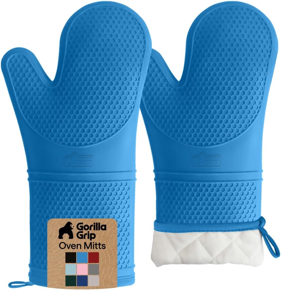 GORILLA GRIP BPA-Free Soft Silicone Oven Mitts, Heat Resistant and Waterproof Cooking Gloves, Thick Cotton Lining, Flexible Gripping for Baking Grilling, Kitchen Potholders Set of 2, 12.5x8.3, Mint