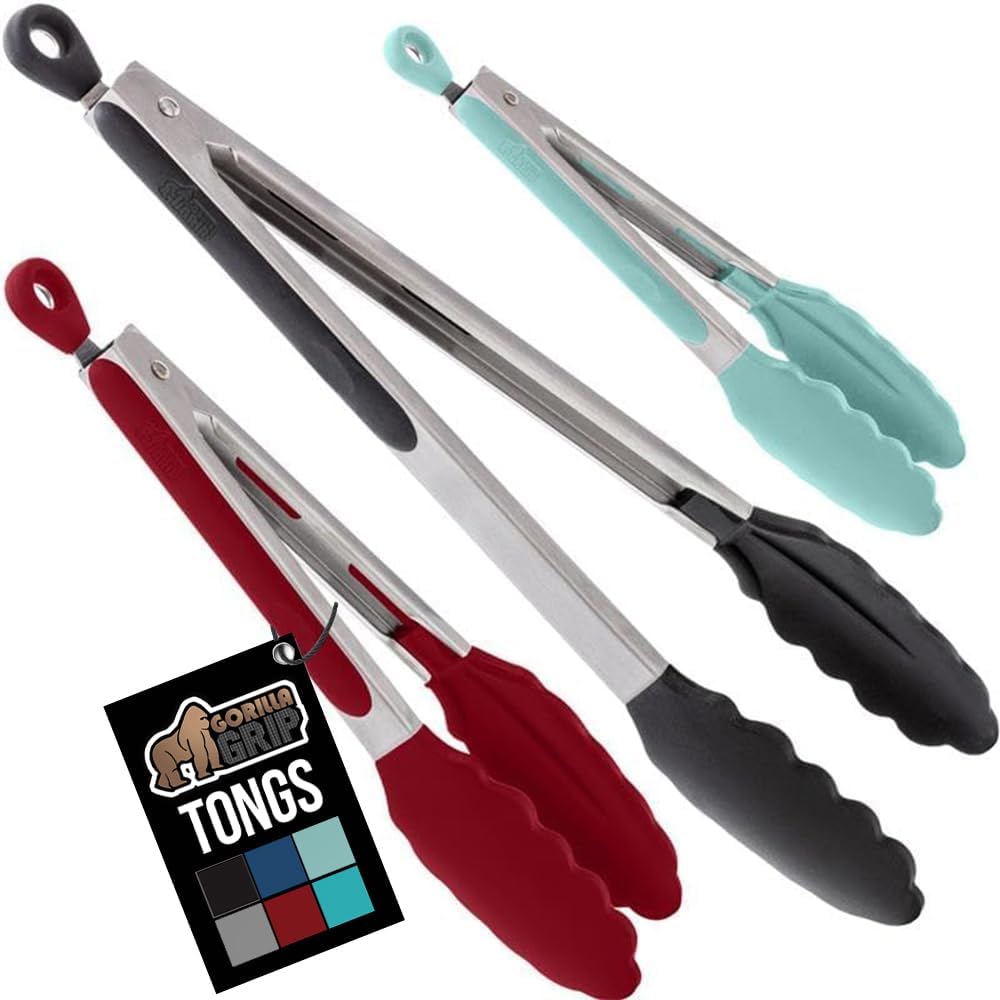 GORILLA GRIP Stainless Steel Heat Resistant Kitchen Tongs for Cooking, 12 + 14 Inch Set of 2 BBQ Tong, Non Scratch Silicone Tip for Pan, Strong Grip, Grab Food, Toss Salad, Air Fryer, Pull Lock, Black