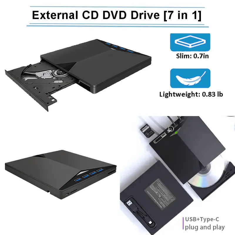 7-in-1 USB 3.0 Type-C External CD DVD Drive for Laptop and Desktop