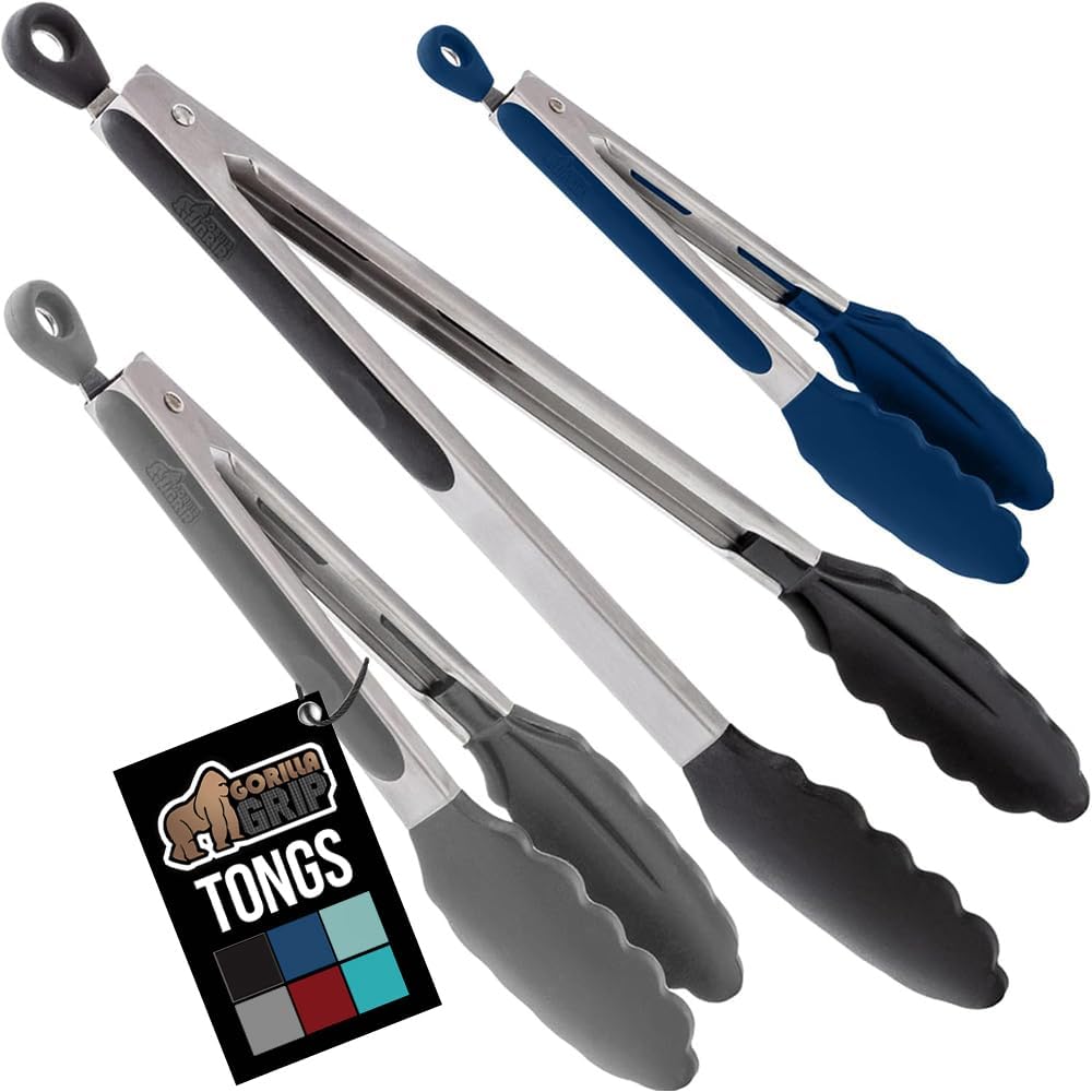GORILLA GRIP Stainless Steel Heat Resistant Kitchen Tongs for Cooking, 12 + 14 Inch Set of 2 BBQ Tong, Non Scratch Silicone Tip for Pan, Strong Grip, Grab Food, Toss Salad, Air Fryer, Pull Lock, Black