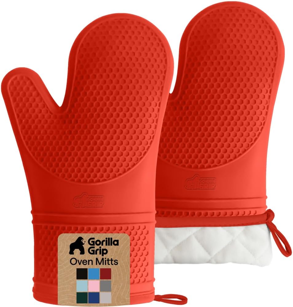 GORILLA GRIP BPA-Free Soft Silicone Oven Mitts, Heat Resistant and Waterproof Cooking Gloves, Thick Cotton Lining, Flexible Gripping for Baking Grilling, Kitchen Potholders Set of 2, 12.5x8.3, Mint
