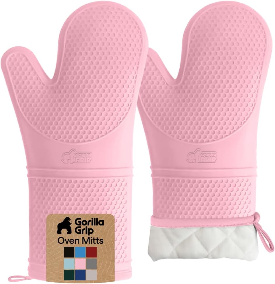 GORILLA GRIP BPA-Free Soft Silicone Oven Mitts, Heat Resistant and Waterproof Cooking Gloves, Thick Cotton Lining, Flexible Gripping for Baking Grilling, Kitchen Potholders Set of 2, 12.5x8.3, Mint
