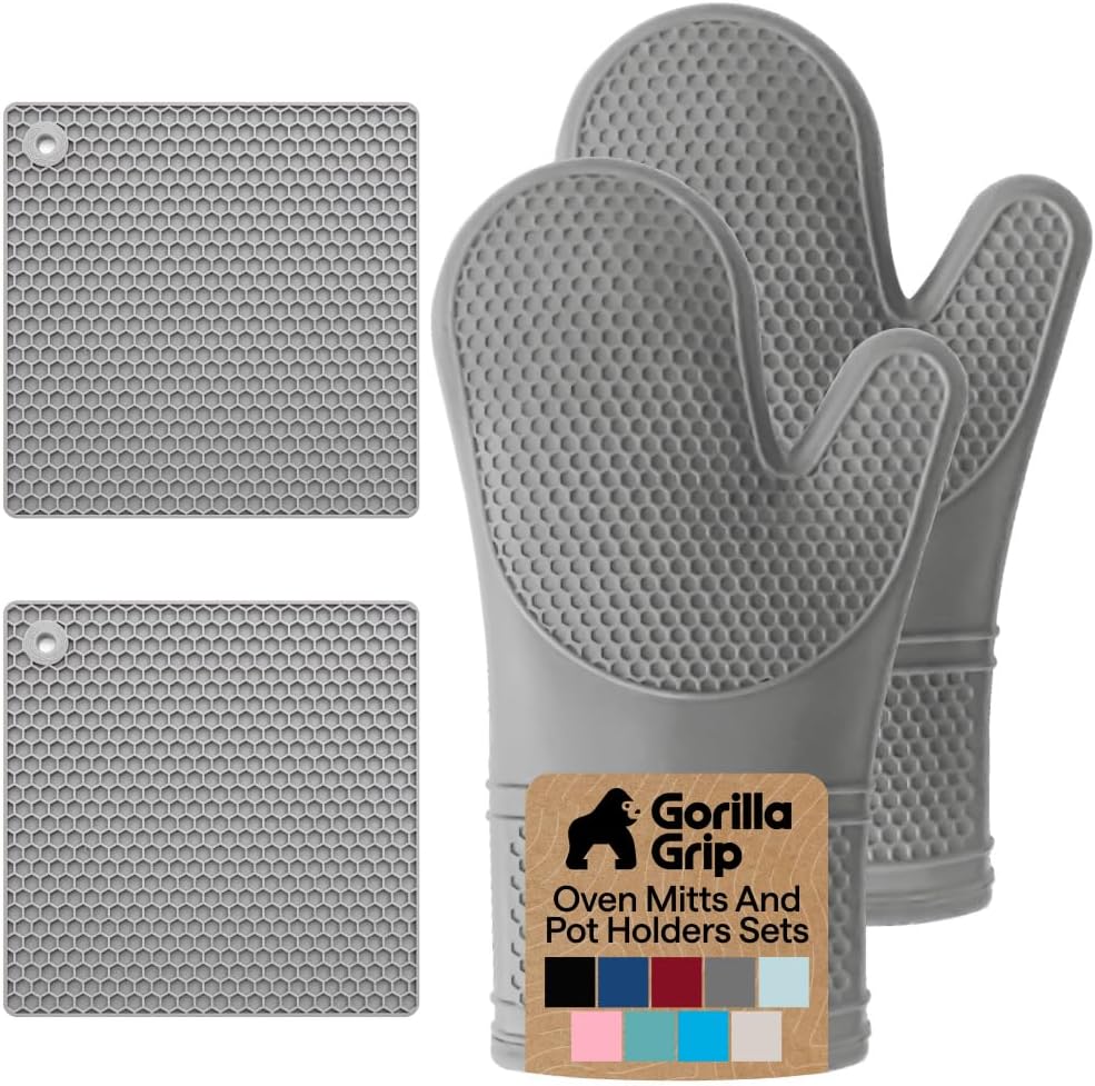 GORILLA GRIP BPA-Free Soft Silicone Oven Mitts, Heat Resistant and Waterproof Cooking Gloves, Thick Cotton Lining, Flexible Gripping for Baking Grilling, Kitchen Potholders Set of 2, 12.5x8.3, Mint