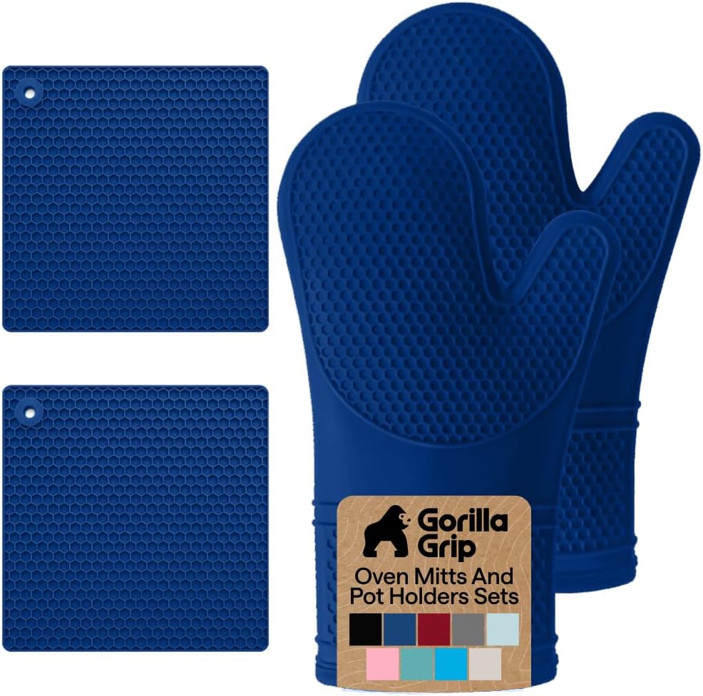 GORILLA GRIP BPA-Free Soft Silicone Oven Mitts, Heat Resistant and Waterproof Cooking Gloves, Thick Cotton Lining, Flexible Gripping for Baking Grilling, Kitchen Potholders Set of 2, 12.5x8.3, Mint