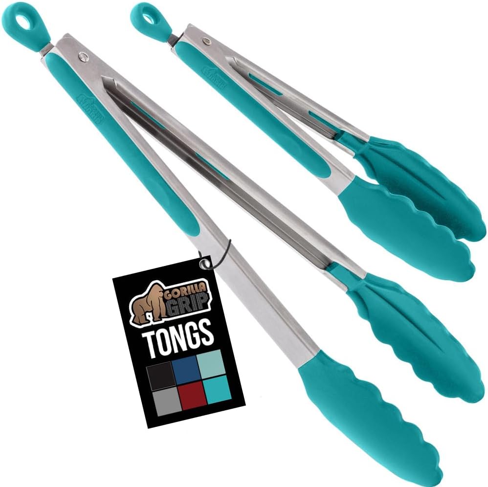 GORILLA GRIP Stainless Steel Heat Resistant Kitchen Tongs for Cooking, 12 + 14 Inch Set of 2 BBQ Tong, Non Scratch Silicone Tip for Pan, Strong Grip, Grab Food, Toss Salad, Air Fryer, Pull Lock, Black