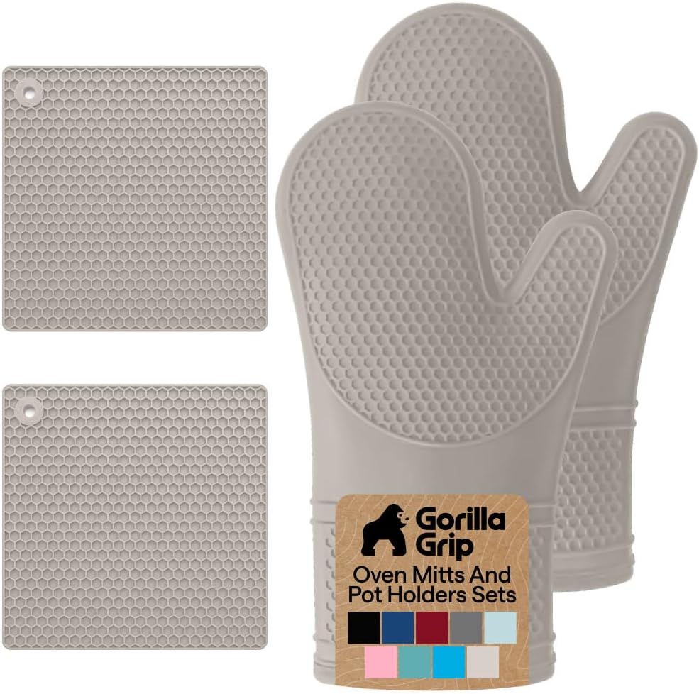 GORILLA GRIP BPA-Free Soft Silicone Oven Mitts, Heat Resistant and Waterproof Cooking Gloves, Thick Cotton Lining, Flexible Gripping for Baking Grilling, Kitchen Potholders Set of 2, 12.5x8.3, Mint