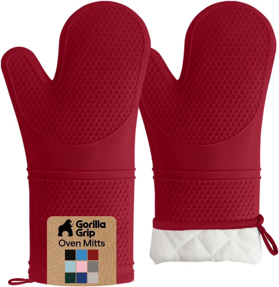 GORILLA GRIP BPA-Free Soft Silicone Oven Mitts, Heat Resistant and Waterproof Cooking Gloves, Thick Cotton Lining, Flexible Gripping for Baking Grilling, Kitchen Potholders Set of 2, 12.5x8.3, Mint