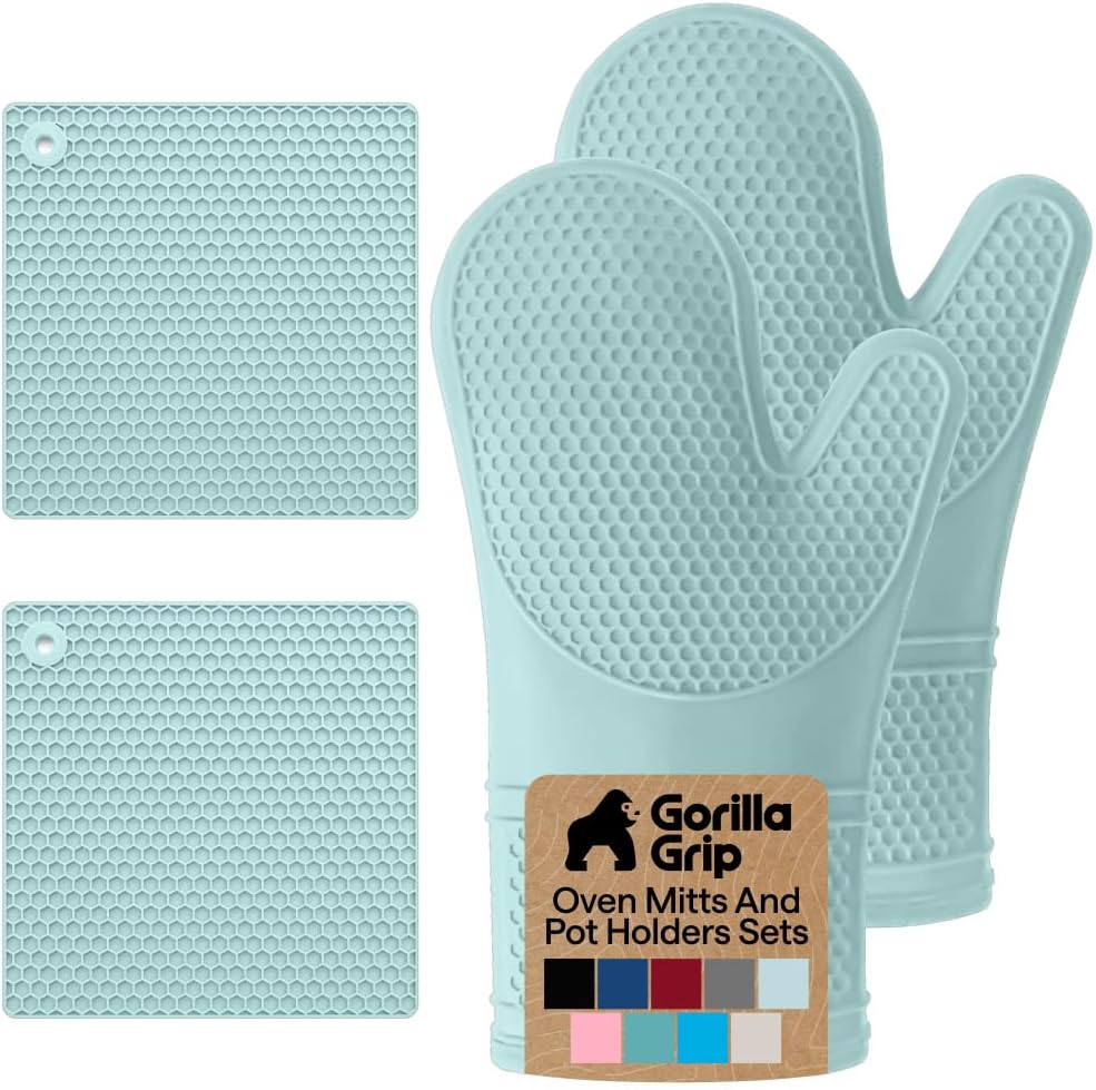 GORILLA GRIP BPA-Free Soft Silicone Oven Mitts, Heat Resistant and Waterproof Cooking Gloves, Thick Cotton Lining, Flexible Gripping for Baking Grilling, Kitchen Potholders Set of 2, 12.5x8.3, Mint