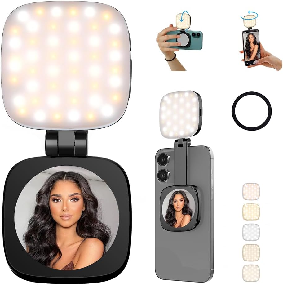 Magnetic Selfie Light with Mirror, 72 LEDs Stepless Brightness & Color Temperature, 360° Rotating Fill Light