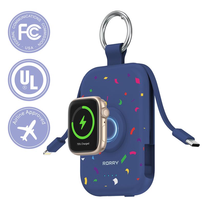 5000mAh Portable Charger with Built-in Cables and Keychain for Smartwatch and Phone