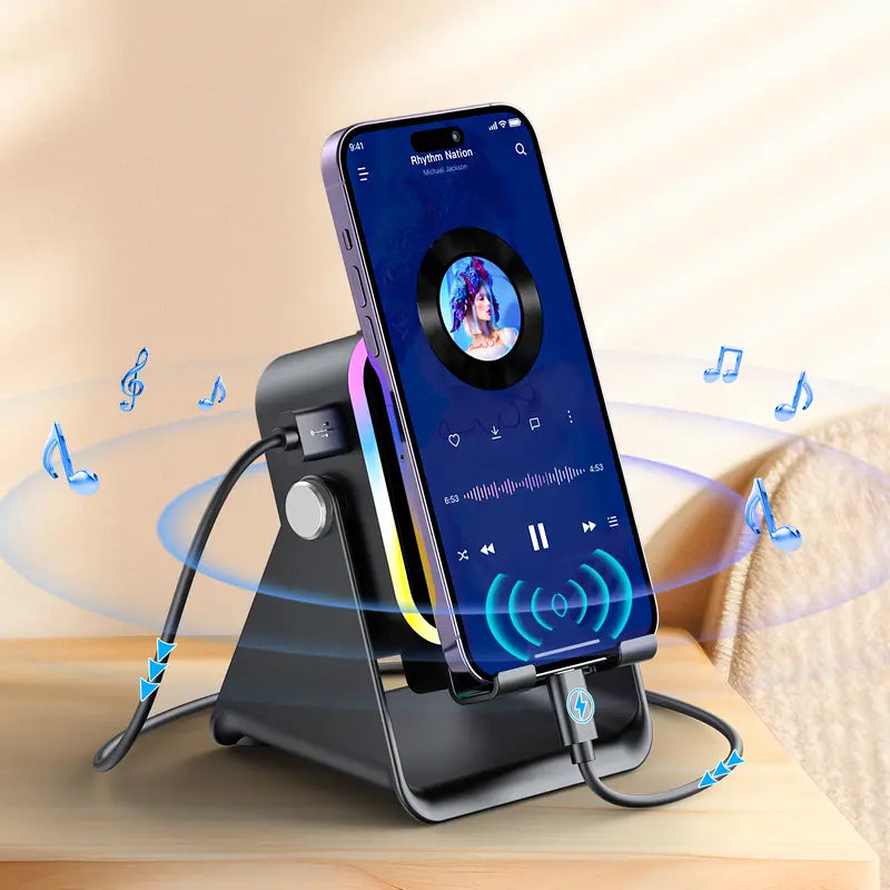 Wireless Induction Audio Speaker Stand with 3500mAh Power Bank and Ambient Light