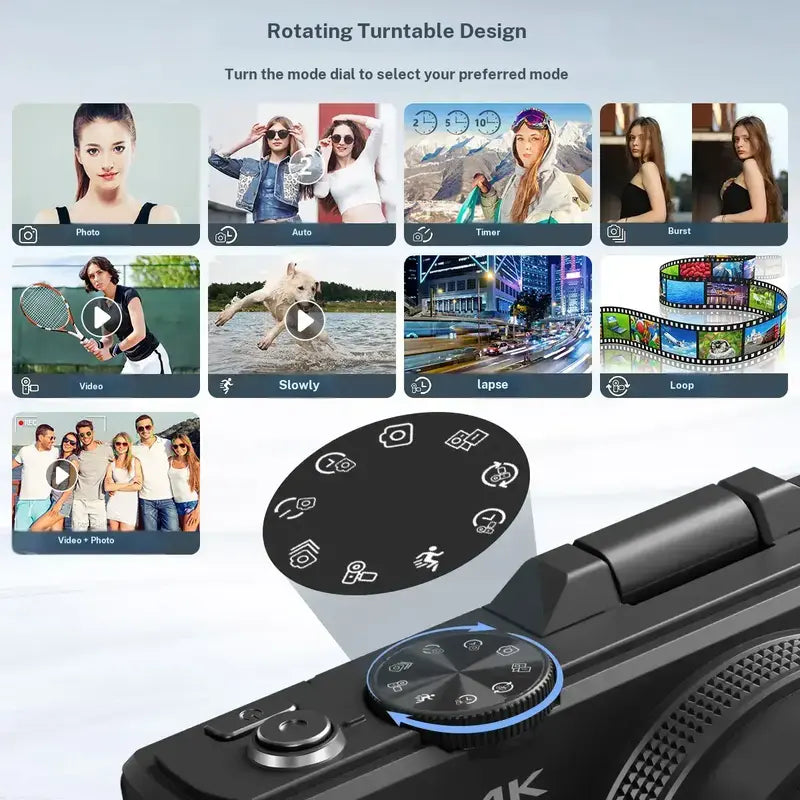 4K Digital Camera with 64MP Resolution, 180° Flip Screen, and 18X Zoom