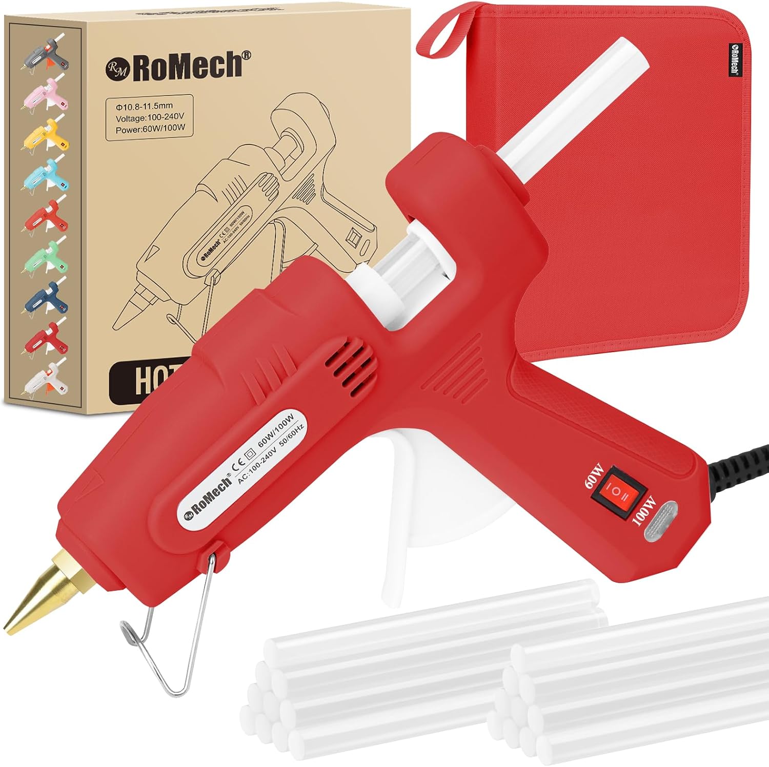 ROMECH Full Size Hot Glue Gun with 60/100W Dual Power and 21 Hot Glue Sticks (7/16"), Fast Preheating Heavy Duty Industrial Gluegun with Storage Case for Crafting, DIY and Repairs (Gray)