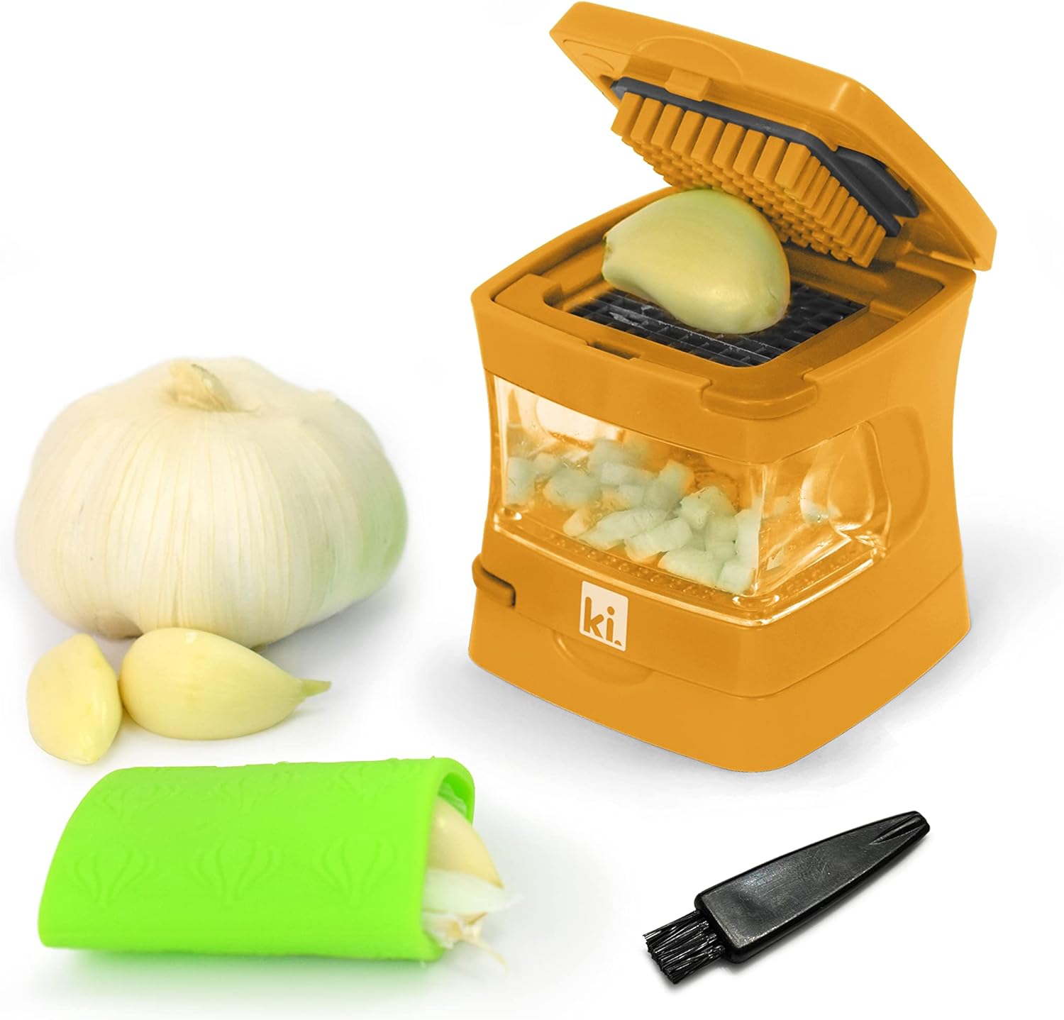 Garlic-A-Peel Garlic Press, Crusher, Cutter, Mincer, and Storage Container - Includes Silicone Garlic Peeler - Easy to Clean - Stainless Steel Blades – (Cream), standard