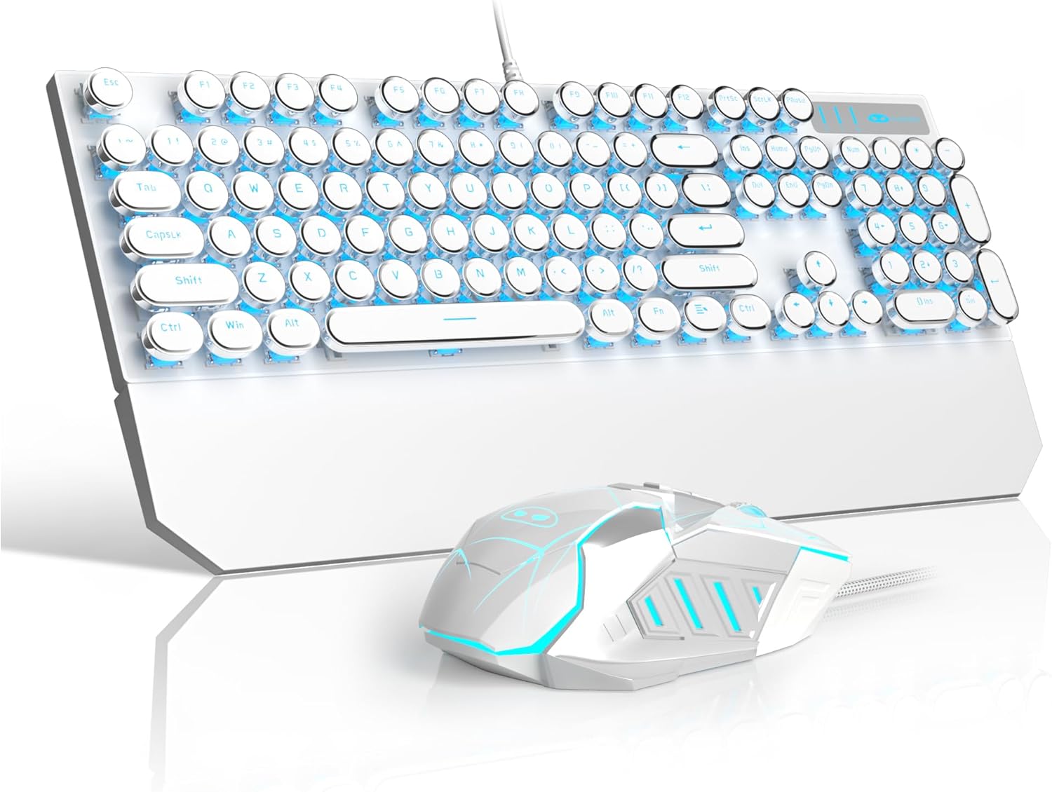 Camiysn Typewriter Style Mechanical Keyboard, Retro Punk Gaming Keyboard with Gold LED Backlit, Cute Wired Keyboards,104 Keys Full Size Keyboards, Uique Round Keycaps for Windows/Mac/PC(White&Gold)