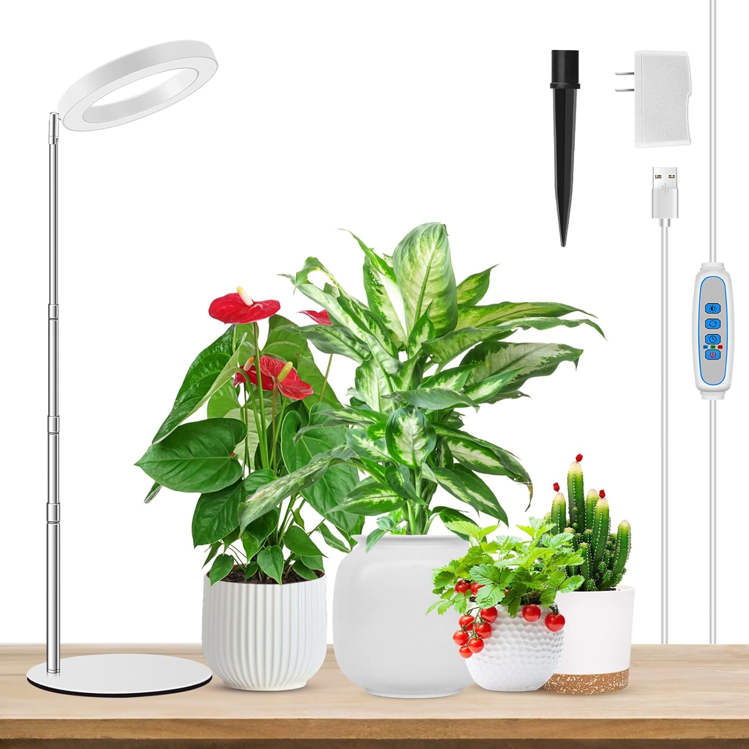 Plant Grow Light, 48 LEDs Full Spectrum Grow Lights for Indoor Plants, Height Adjustable Small Halo Grow Light with Base, 3 Optional Spectrums, Auto Timer 3/9/12Hrs, 10 Brightness, 3 Pack