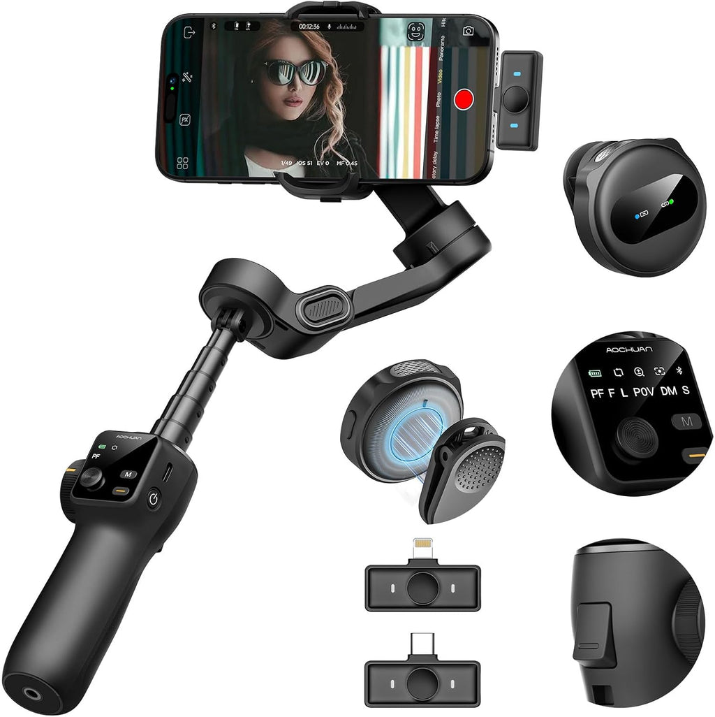 3-Axis Smartphone Gimbal with Built-in 7.8' Extension Rod, AI Tracking & OLED Display