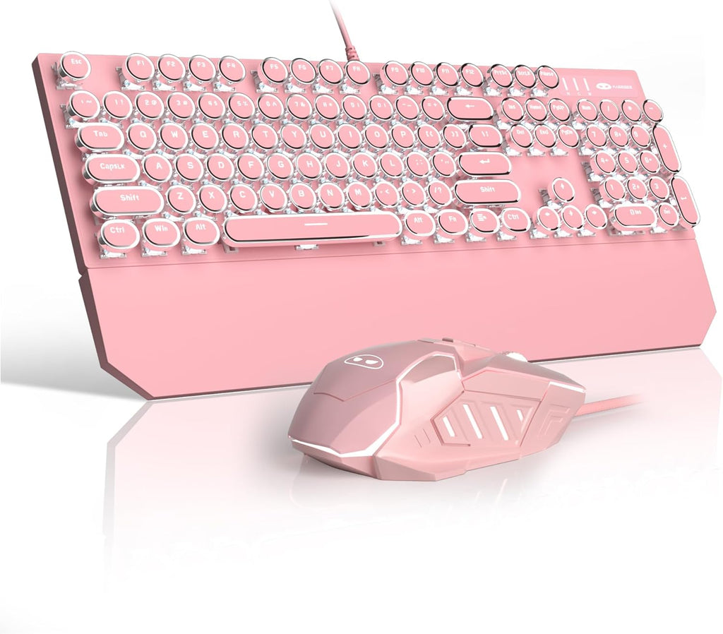 Camiysn Typewriter Style Mechanical Keyboard, Retro Punk Gaming Keyboard with Gold LED Backlit, Cute Wired Keyboards,104 Keys Full Size Keyboards, Uique Round Keycaps for Windows/Mac/PC(White&Gold)