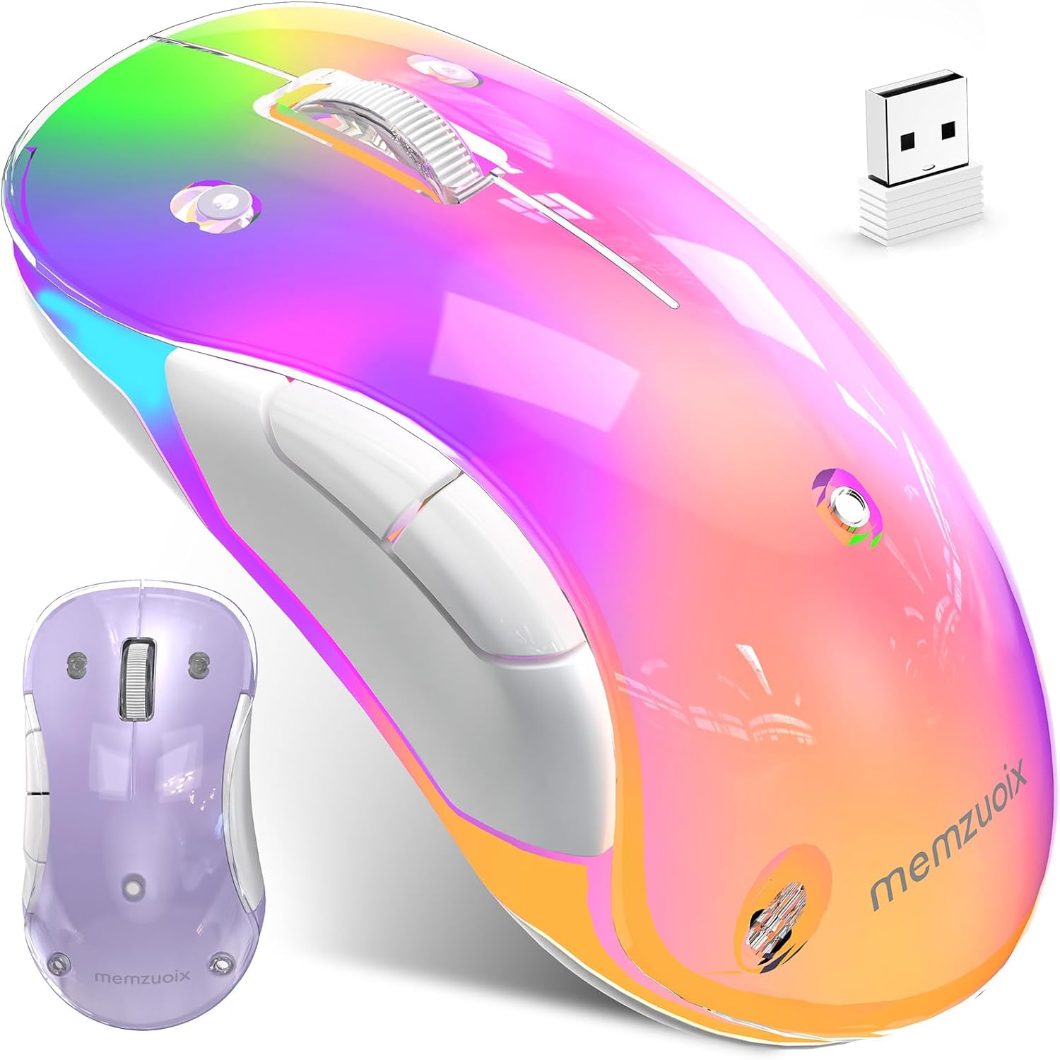 memzuoix 2.4G Aesthetic Wireless Mouse - Customizable Covers & LED Mood Lighting - Rechargeable Ergonomic Design, 5 Buttons, 1200 DPI for Office, Laptop, Mac - White