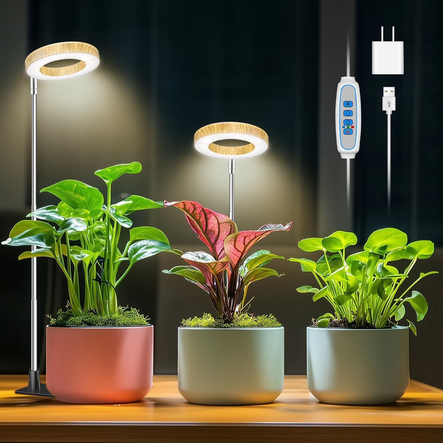 Plant Grow Light, 48 LEDs Full Spectrum Grow Lights for Indoor Plants, Height Adjustable Small Halo Grow Light with Base, 3 Optional Spectrums, Auto Timer 3/9/12Hrs, 10 Brightness, 3 Pack