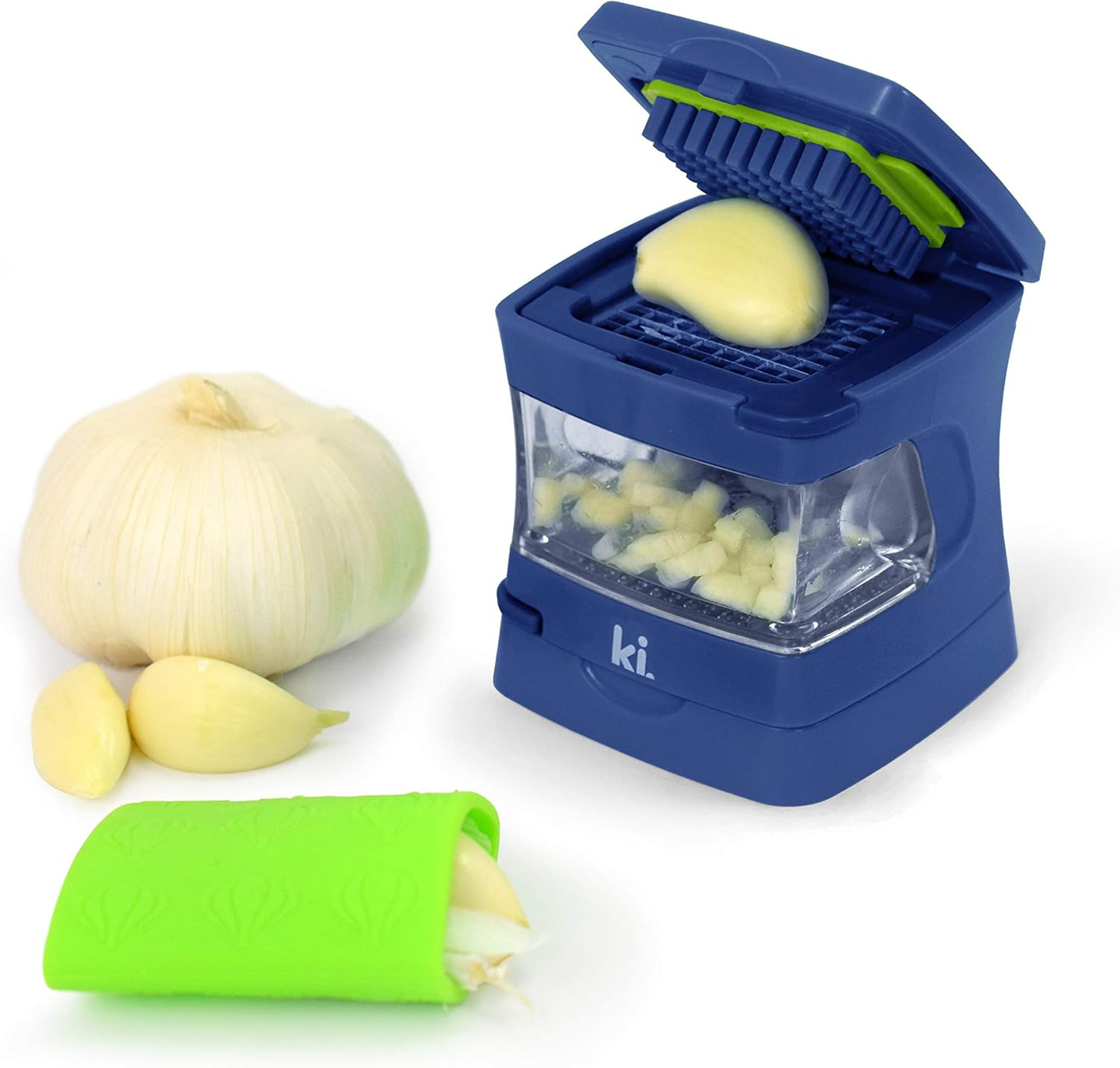 Garlic-A-Peel Garlic Press, Crusher, Cutter, Mincer, and Storage Container - Includes Silicone Garlic Peeler - Easy to Clean - Stainless Steel Blades – (Cream), standard