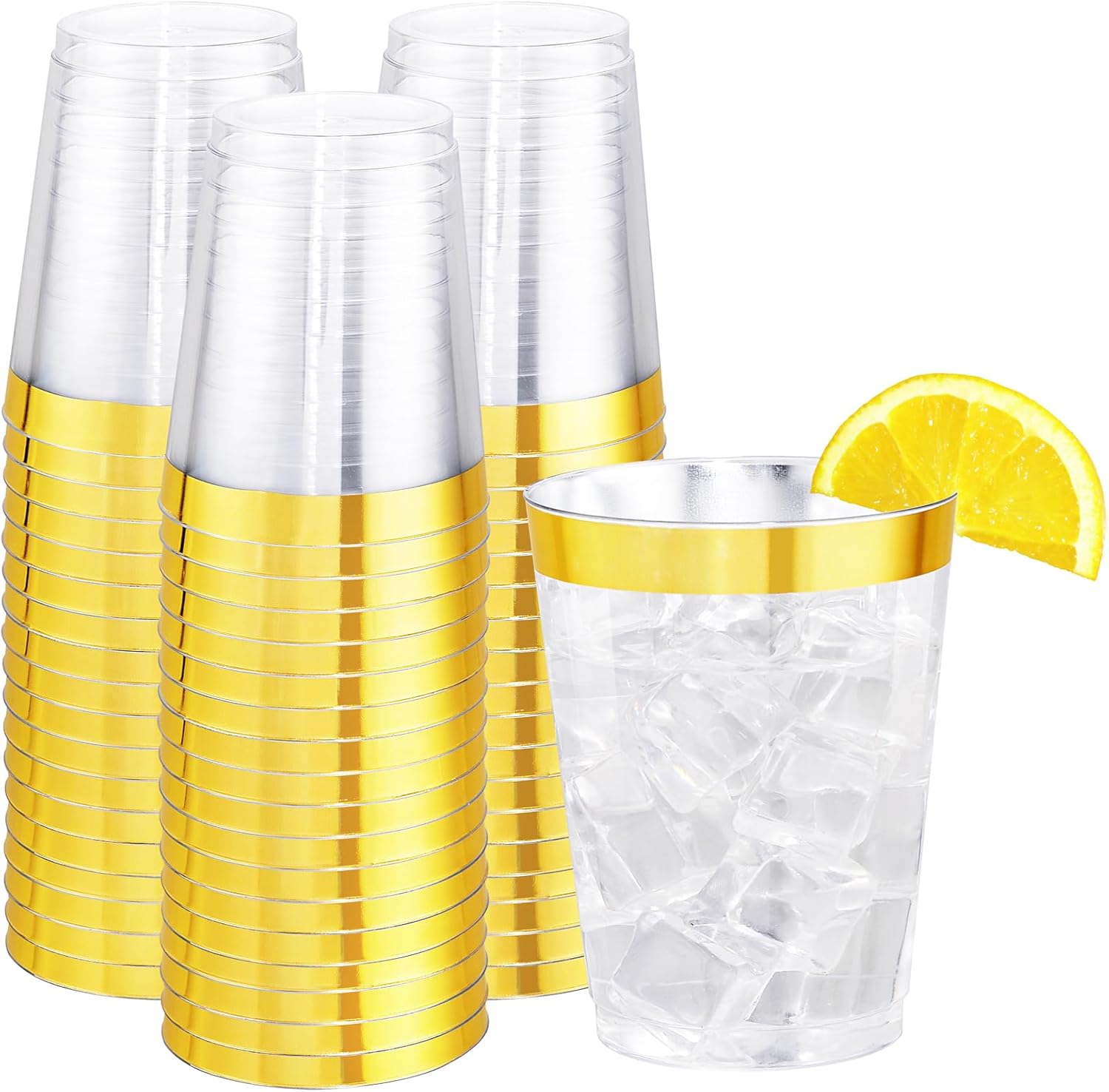 I00000 200 Pack Gold Plastic Cups, 9 Oz Elegant Clear Plastic Cups Gold Rimmed Disposable Wine Glasses Fancy Disposable Party Cup Wedding Cup Drinking Tumblers Cocktail Glasses Perfect for Party