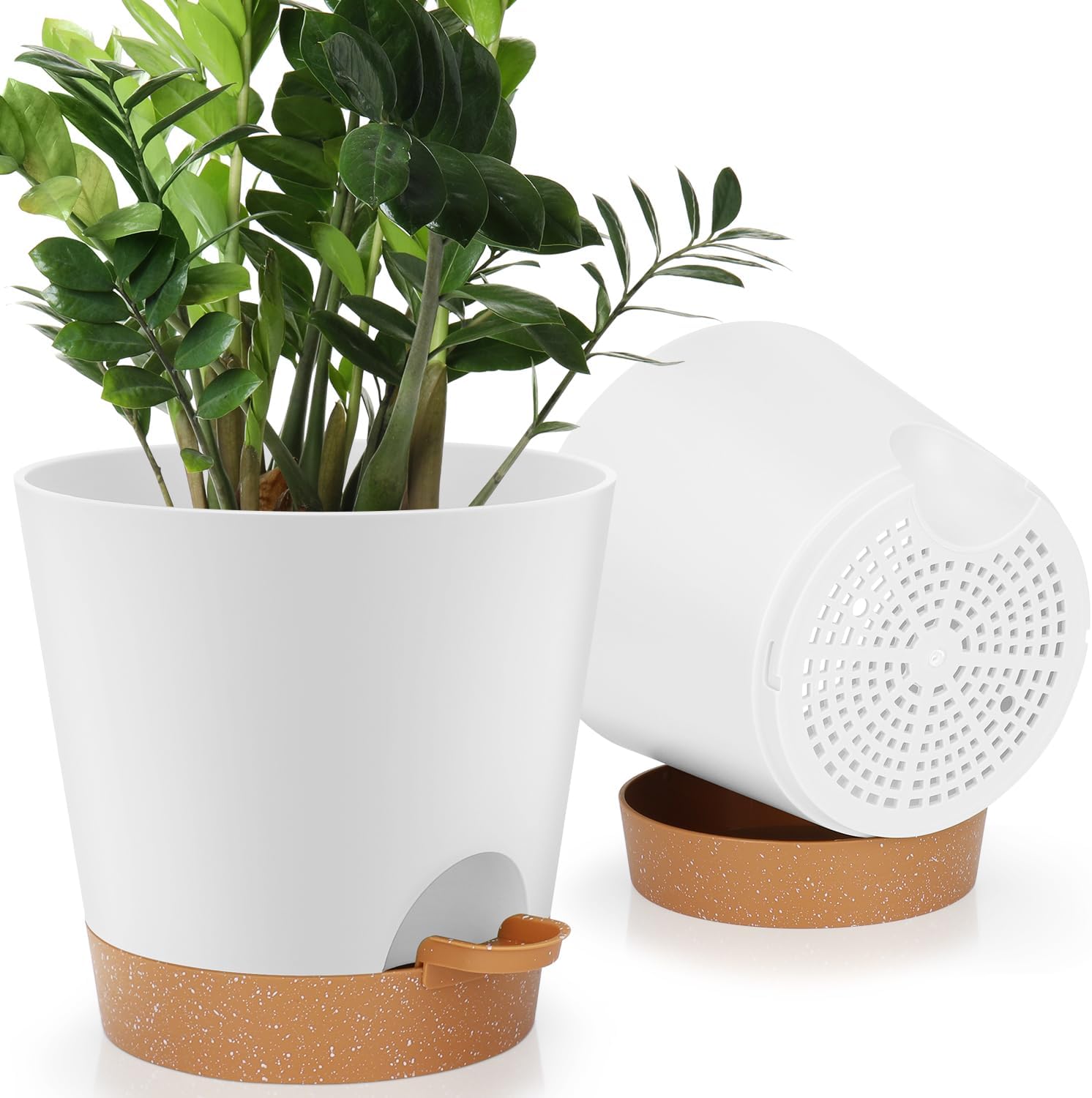 Indoor Self Watering Planters with Drainage Holes and Saucers, 8, 7, 6.5, 6, 5.5, 5 Inches, Black, 6 Pots