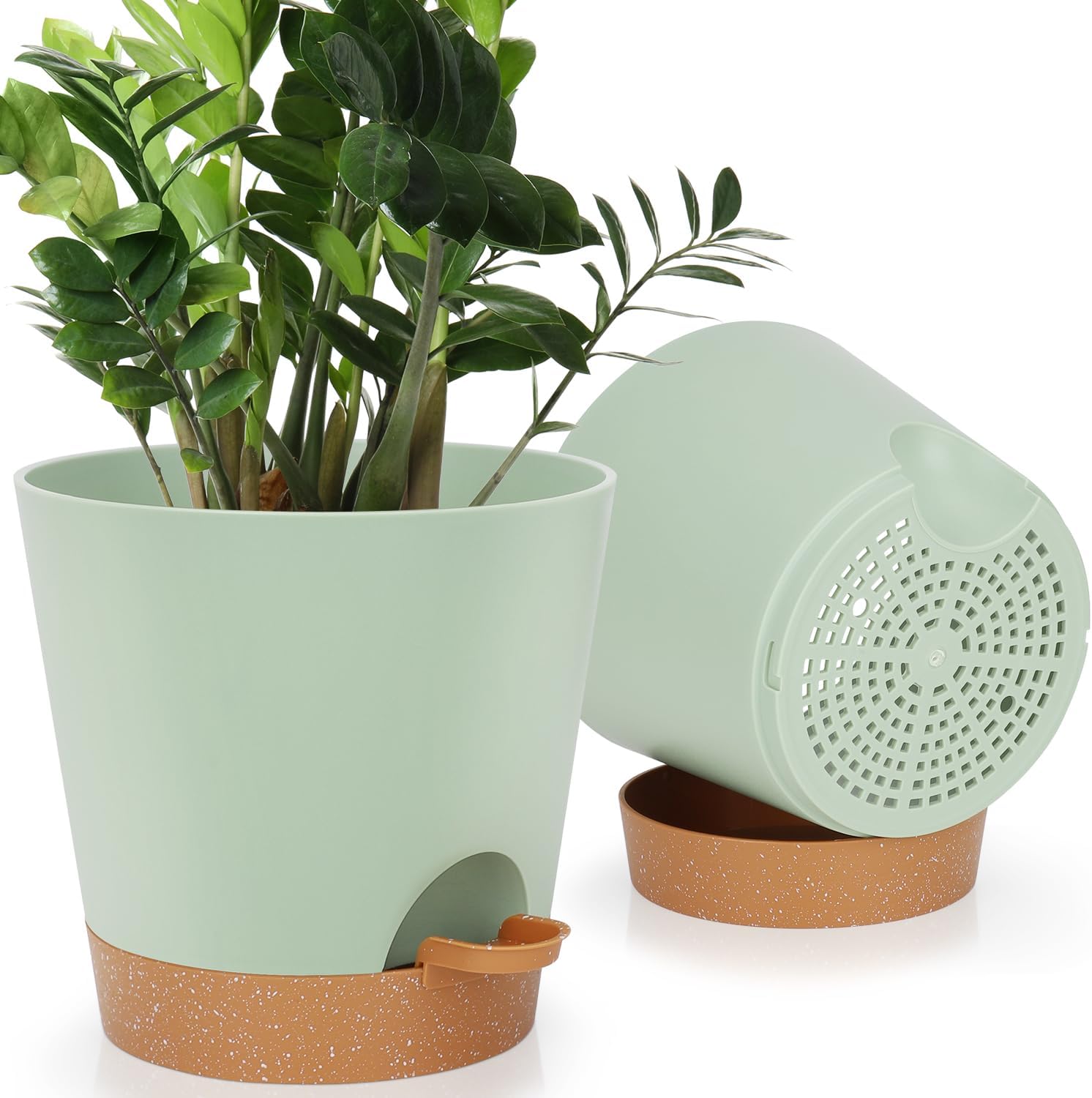 Indoor Self Watering Planters with Drainage Holes and Saucers, 8, 7, 6.5, 6, 5.5, 5 Inches, Black, 6 Pots