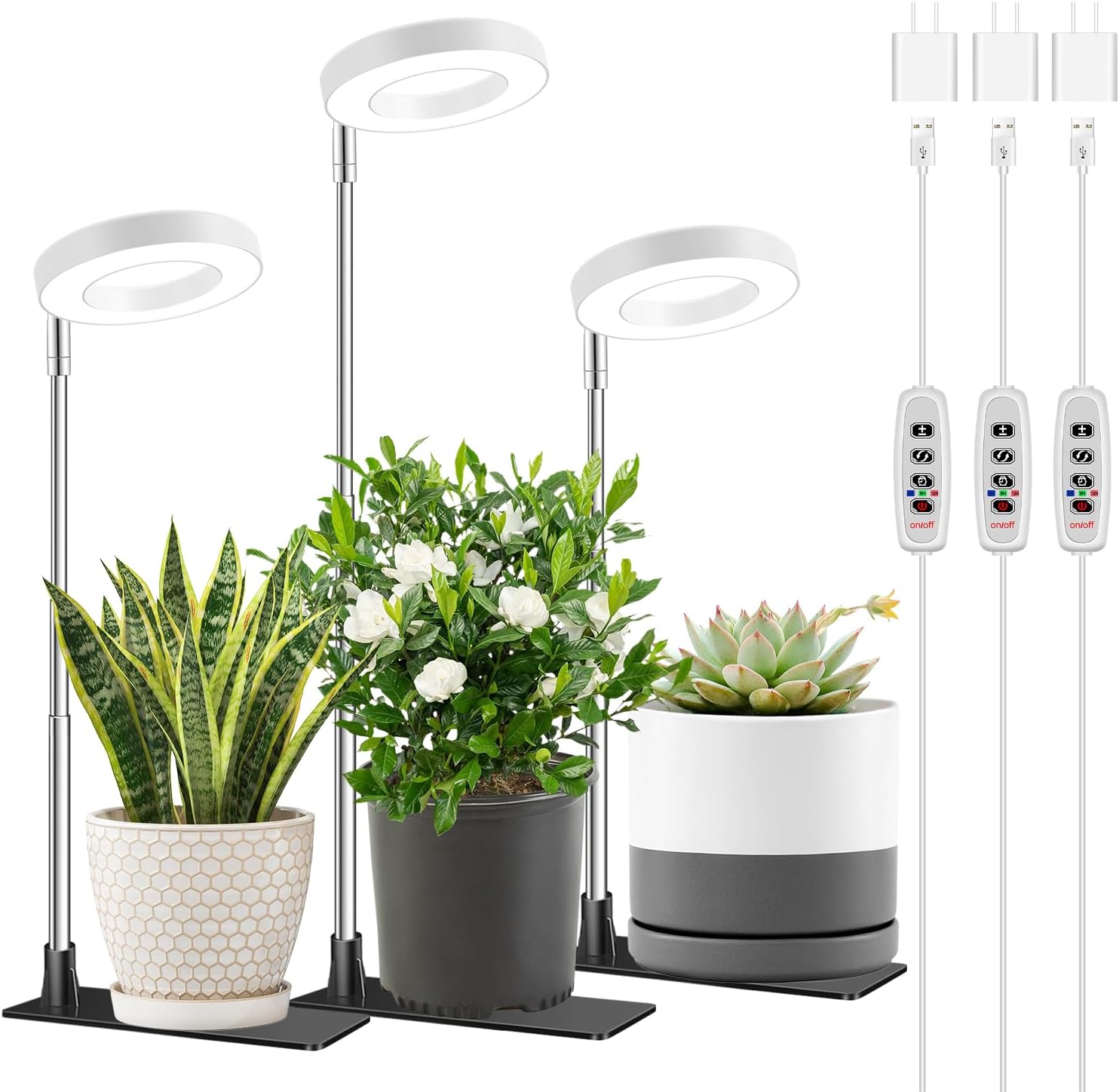 Plant Grow Light, 48 LEDs Full Spectrum Grow Lights for Indoor Plants, Height Adjustable Small Halo Grow Light with Base, 3 Optional Spectrums, Auto Timer 3/9/12Hrs, 10 Brightness, 3 Pack
