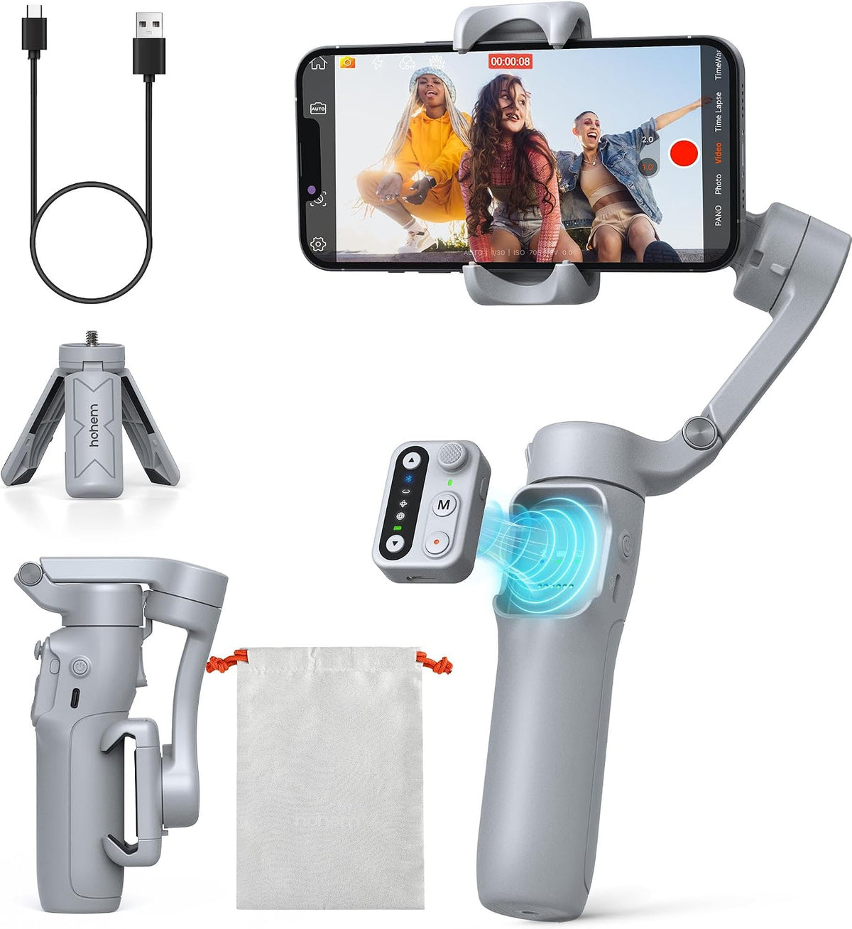 3-Axis Gimbal Stabilizer for iPhone & Android with Detachable Remote, Foldable Phone Stabilizer