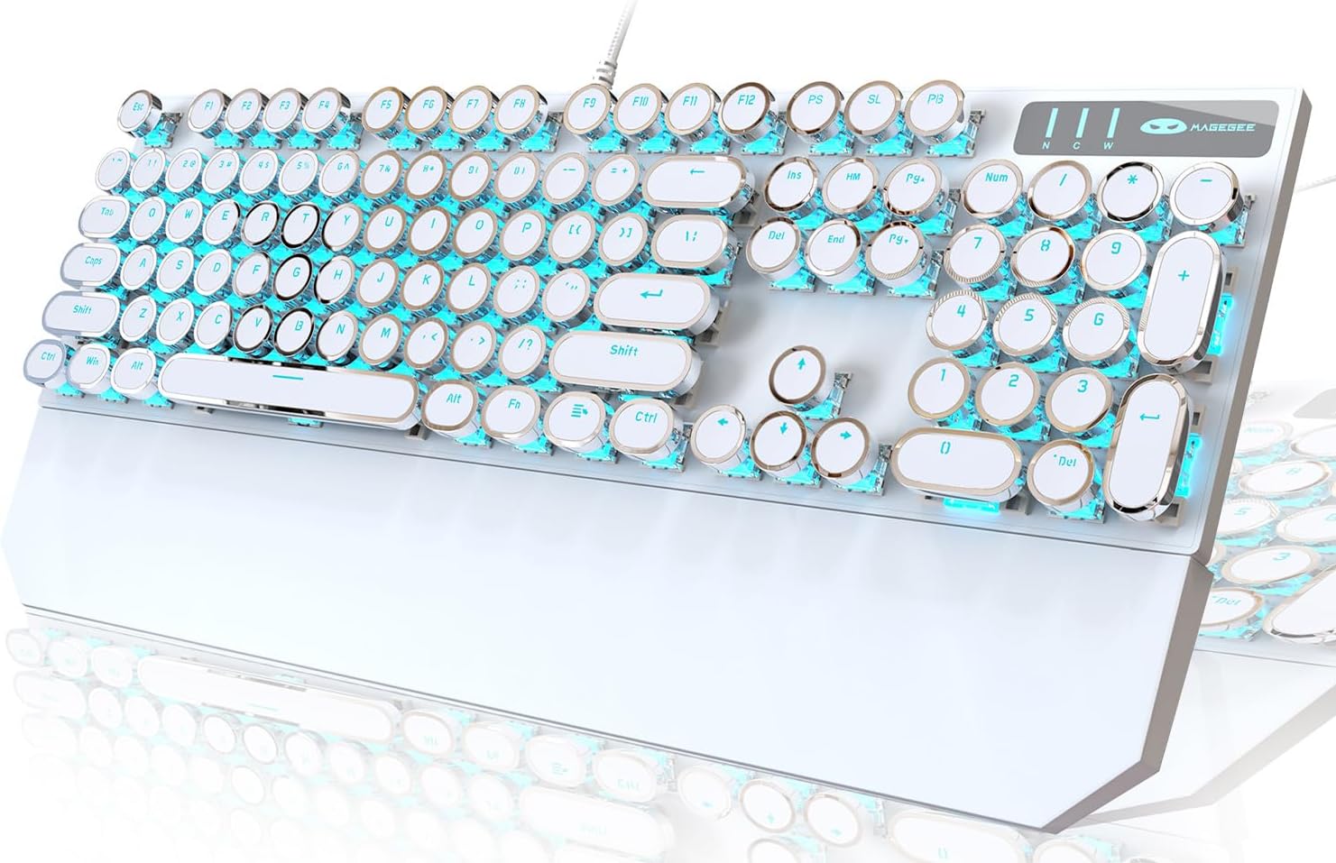 Camiysn Typewriter Style Mechanical Keyboard, Retro Punk Gaming Keyboard with Gold LED Backlit, Cute Wired Keyboards,104 Keys Full Size Keyboards, Uique Round Keycaps for Windows/Mac/PC(White&Gold)