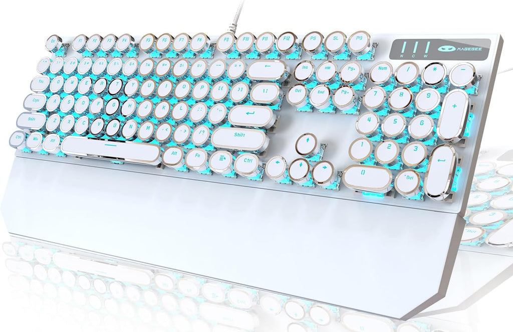 Camiysn Typewriter Style Mechanical Keyboard, Retro Punk Gaming Keyboard with Gold LED Backlit, Cute Wired Keyboards,104 Keys Full Size Keyboards, Uique Round Keycaps for Windows/Mac/PC(White&Gold)