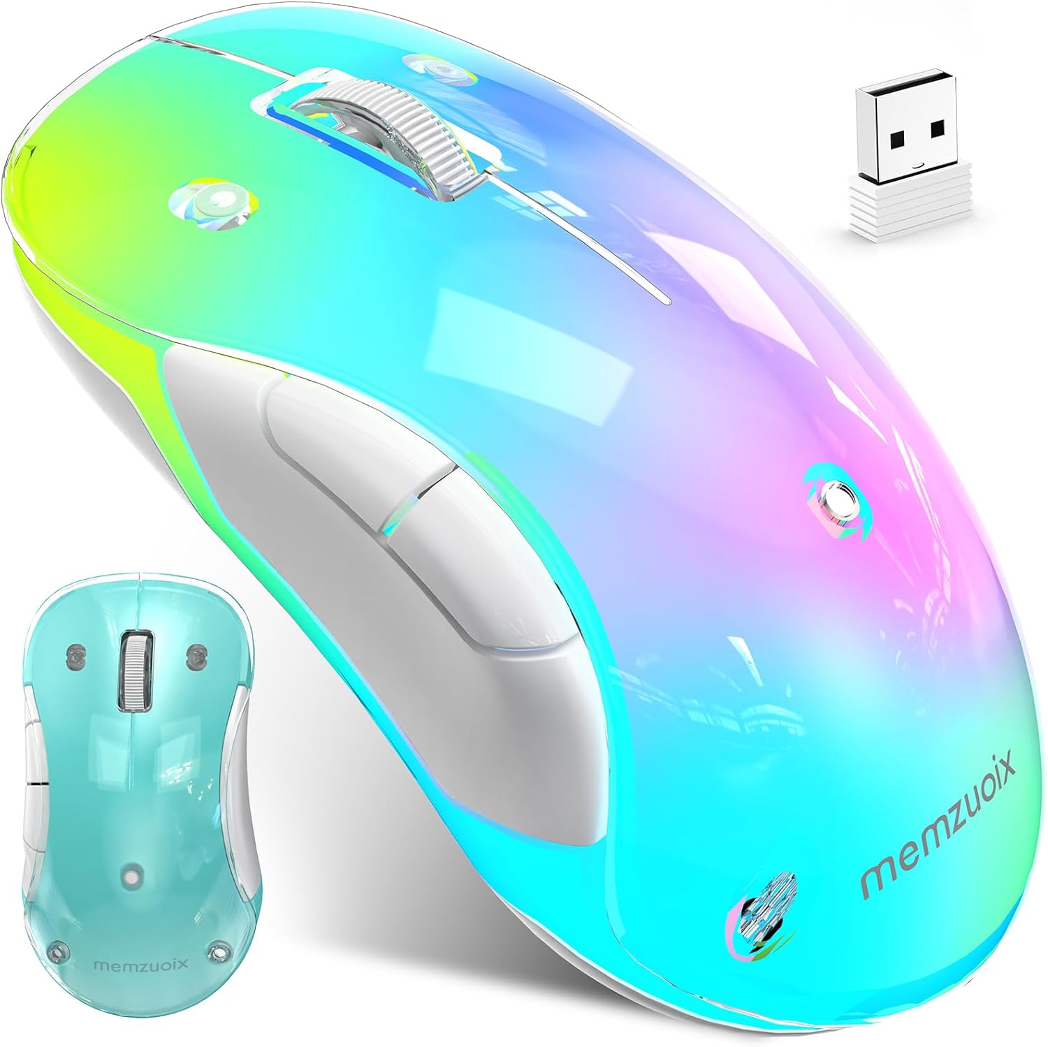 memzuoix 2.4G Aesthetic Wireless Mouse - Customizable Covers & LED Mood Lighting - Rechargeable Ergonomic Design, 5 Buttons, 1200 DPI for Office, Laptop, Mac - White