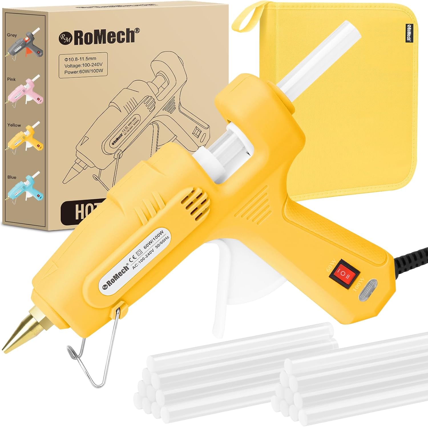 ROMECH Full Size Hot Glue Gun with 60/100W Dual Power and 21 Hot Glue Sticks (7/16"), Fast Preheating Heavy Duty Industrial Gluegun with Storage Case for Crafting, DIY and Repairs (Gray)