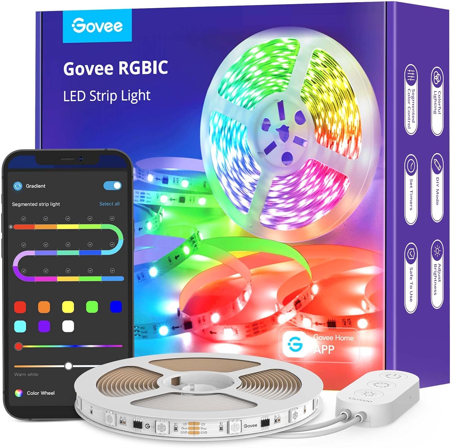 Govee 65.6ft RGBIC LED Strip Lights, Color Changing LED Strips, App Control via Bluetooth, Smart Segmented Control, Multiple Scenes, Enhanced Music Sync LED Lights for Bedroom, Home Decor (2 X 32.8ft)