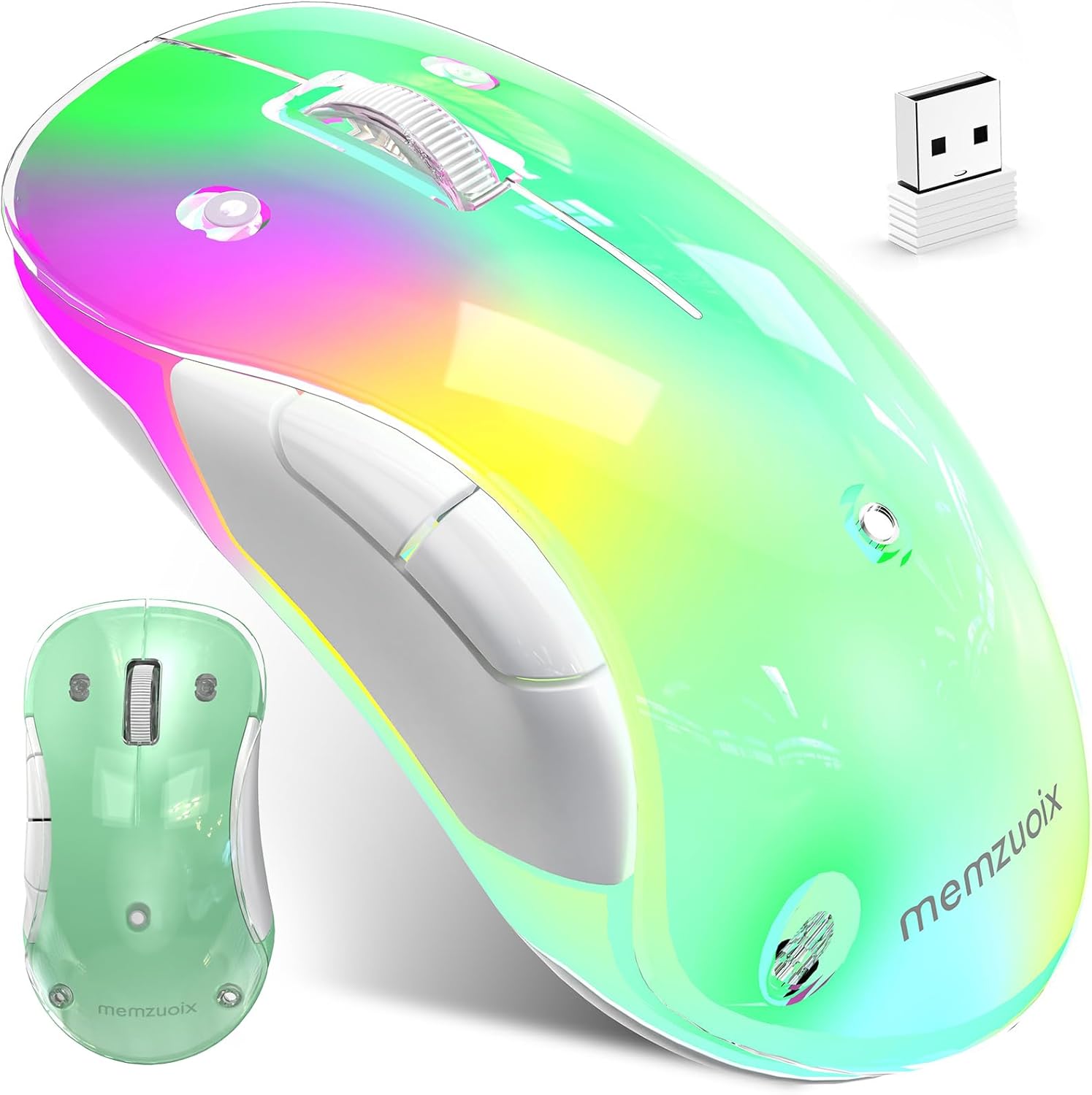 memzuoix 2.4G Aesthetic Wireless Mouse - Customizable Covers & LED Mood Lighting - Rechargeable Ergonomic Design, 5 Buttons, 1200 DPI for Office, Laptop, Mac - White